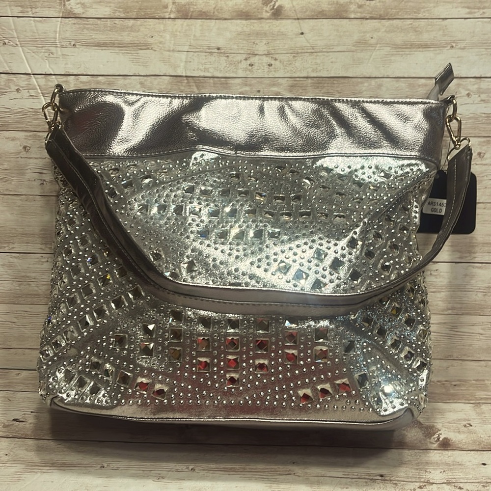 NWT Sasha New York Silver Leather Rhinestone Jeweled Tote Shoulder Bag Purse